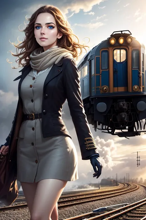 tcg artwork,[trading card game art], realism, perfect rendered face,((best quality)), ((masterpiece)), ((realistic)), (detailed),[hermione granger:minerva mcgonagall:0.5] rim light, vivid, 1girl, in a victorian dress , (((shiny eyes, shiny skin))),detailed face, travelbags, scarf, toned legs, large breasts, elbowlength gloves, train station in background, fog, steam , (detailed) ,((best quality)), ((masterpiece)), ((realistic)), (detailed),pixiv contest winner, absurdres, 15 mm, <lora:Nova-000003:0.6>,