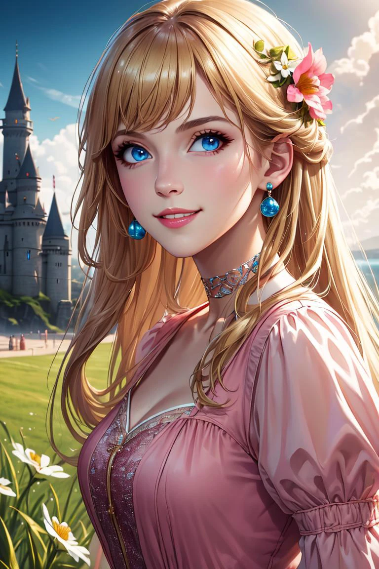 nova<lora:Nova-000003:0.5>,princessPeach <lora:princessPeachCharacter_v10:0.5>,a, cute, smile,blonde hair, (Pink Dress:1.2), choker, detailled eyes, blue eyes, choker, sensual, Beach boardwalk, pink lips, ((glossy lips)), pursed lips, pink pumps, glossy skin, oily skin, beautiful light, (day:1.3), bright,
masterpiece, castle background, grassy fields, flowers, medium closeup, walking, realistic, detailed, collar, cinematic lighting,