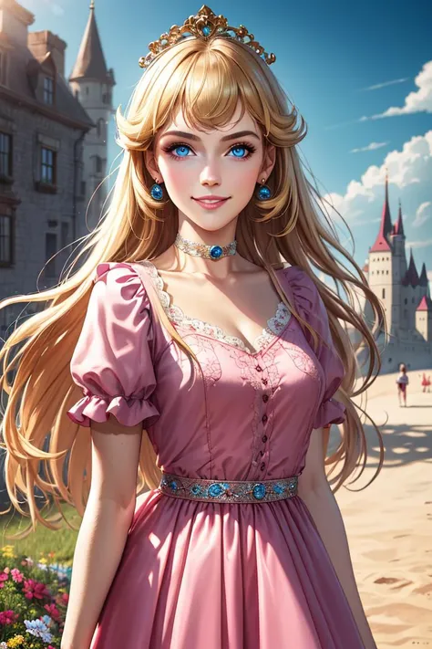 nova<lora:Nova-000003:0.5>,princessPeach <lora:princessPeachCharacter_v10:0.5>,a, cute, smile,blonde hair, (Pink Dress:1.2), choker, detailled eyes, blue eyes, choker, sensual, Beach boardwalk, pink lips, ((glossy lips)), pursed lips, pink pumps, glossy skin, oily skin, beautiful light, (day:1.3), bright,
masterpiece, castle background, grassy fields, flowers, medium closeup, walking, realistic, detailed, collar, cinematic lighting,