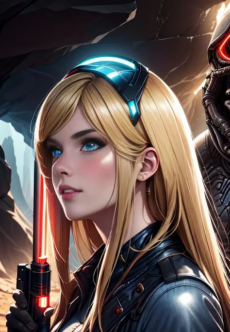sexy blond Samus Aran from Metroid wearing blue suit with high platforms standing on a floor of a cave near ((grey humanoid monster)) hiding behind a rock and looking at her,
interior of alien cave in Hans Ruedi Giger style,
beautiful face,perfect face,
single girl,nova<lora:Nova-000003:0.6>,red Astronaut helmet,[(holding Laser Gun,lightsaber on another hand)],upper body, 
copeseethemald style,glossy,thepit bimbo,
realistic, professional, limited palette,high contrast,amazing detail,dynamic lights,
hyperrealism, masterpiece, best quality, HDR, viewpoint, highest quality, sharp focus, digital art render, 8k