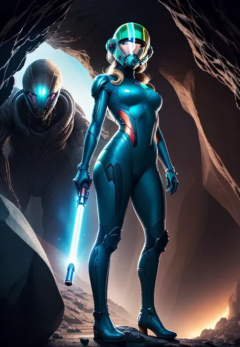 sexy blond Samus Aran from Metroid wearing blue suit with high platforms standing on a floor of a cave near ((grey humanoid monster)) hiding behind a rock and looking at her,
interior of alien cave in Hans Ruedi Giger style,
beautiful face,perfect face,
single girl,nova<lora:Nova-000003:0.6>,Astronaut helmet,[(holding Laser Gun,lightsaber on another hand)],upper body, 
copeseethemald style,glossy,thepit bimbo,
realistic, professional, limited palette,high contrast,amazing detail,dynamic lights,
hyperrealism, masterpiece, best quality, HDR, viewpoint, highest quality, sharp focus, digital art render, 8k