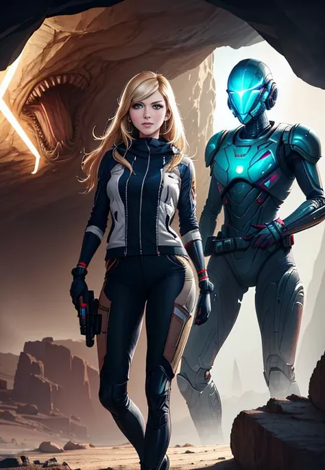 sexy blond Samus Aran from Metroid wearing blue suit with high platforms standing on a floor of a cave near ((grey humanoid monster)) hiding behind a rock and looking at her,
interior of alien cave in Hans Ruedi Giger style,
beautiful face,perfect face,
single girl,nova<lora:Nova-000003:0.6>,red Astronaut helmet,[(holding Laser Gun,lightsaber on another hand)],upper body, 
copeseethemald style,glossy,thepit bimbo,
realistic, professional, limited palette,high contrast,amazing detail,dynamic lights,
hyperrealism, masterpiece, best quality, HDR, viewpoint, highest quality, sharp focus, digital art render, 8k