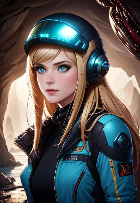 sexy blond Samus Aran from Metroid wearing blue suit with high platforms standing on a floor of a cave near ((grey humanoid monster)) hiding behind a rock and looking at her,
interior of alien cave in Hans Ruedi Giger style,
beautiful face,perfect face,
single girl,nova<lora:Nova-000003:0.6>,red Astronaut helmet,[(holding Laser Gun,lightsaber on another hand)],upper body, 
copeseethemald style,glossy,thepit bimbo,
realistic, professional, limited palette,high contrast,amazing detail,dynamic lights,
hyperrealism, masterpiece, best quality, HDR, viewpoint, highest quality, sharp focus, digital art render, 8k
