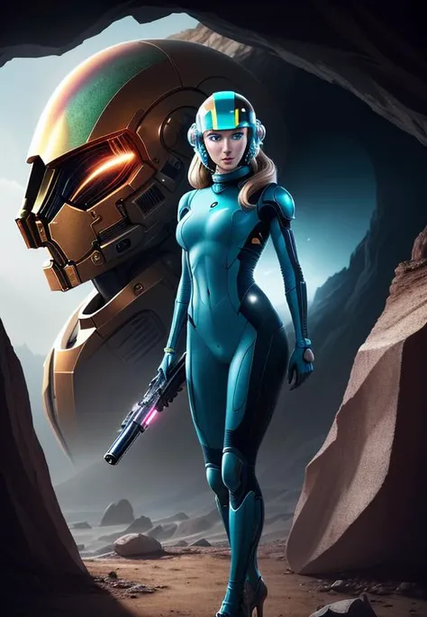 sexy blond Samus Aran from Metroid wearing blue suit with high platforms standing on a floor of a cave near ((grey humanoid monster)) hiding behind a rock and looking at her,
interior of alien cave in Hans Ruedi Giger style,
beautiful face,perfect face,
single girl,nova<lora:Nova-000003:0.6>,Astronaut helmet,[(holding Laser Gun,lightsaber on another hand)],upper body, 
copeseethemald style,glossy,thepit bimbo,
realistic, professional, limited palette,high contrast,amazing detail,dynamic lights,
hyperrealism, masterpiece, best quality, HDR, viewpoint, highest quality, sharp focus, digital art render, 8k