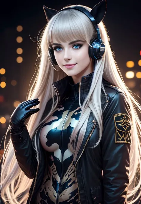 nova<lora:Nova-000003:0.6>,1girl, falling, animal ears, bangs, blush, camouflage armor, closed mouth, fake animal ears, gloves, headphones, headset, horse ears, impossible clothes, jacket, large breasts, long hair, long sleeves, looking at viewer, camouflage bodysuit, pink eyes, simple background,smile, solo, body paint, twintails, upper body, very long hair, black background, white gloves, white hair,alice \(nikke\),
[(colorful explosion psychedelic toxic neon paint colors:1.2)::0.15],
(masterpiece:1.4),(best quality:1.4),(shiny skin),realistic