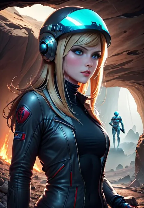 sexy blond Samus Aran from Metroid wearing blue suit with high platforms standing on a floor of a cave near ((grey humanoid monster)) hiding behind a rock and looking at her,
interior of alien cave in Hans Ruedi Giger style,
beautiful face,perfect face,
single girl,nova<lora:Nova-000003:0.6>,red Astronaut helmet,[(holding Laser Gun,lightsaber on another hand)],upper body, 
copeseethemald style,glossy,thepit bimbo,
realistic, professional, limited palette,high contrast,amazing detail,dynamic lights,
hyperrealism, masterpiece, best quality, HDR, viewpoint, highest quality, sharp focus, digital art render, 8k