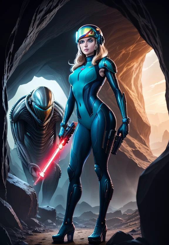 sexy blond Samus Aran from Metroid wearing blue suit with high platforms standing on a floor of a cave near ((grey humanoid monster)) hiding behind a rock and looking at her,
interior of alien cave in Hans Ruedi Giger style,
beautiful face,perfect face,
single girl,nova<lora:Nova-000003:0.6>,Astronaut helmet,[(holding Laser Gun,lightsaber on another hand)],upper body, 
copeseethemald style,glossy,thepit bimbo,
realistic, professional, limited palette,high contrast,amazing detail,dynamic lights,
hyperrealism, masterpiece, best quality, HDR, viewpoint, highest quality, sharp focus, digital art render, 8k