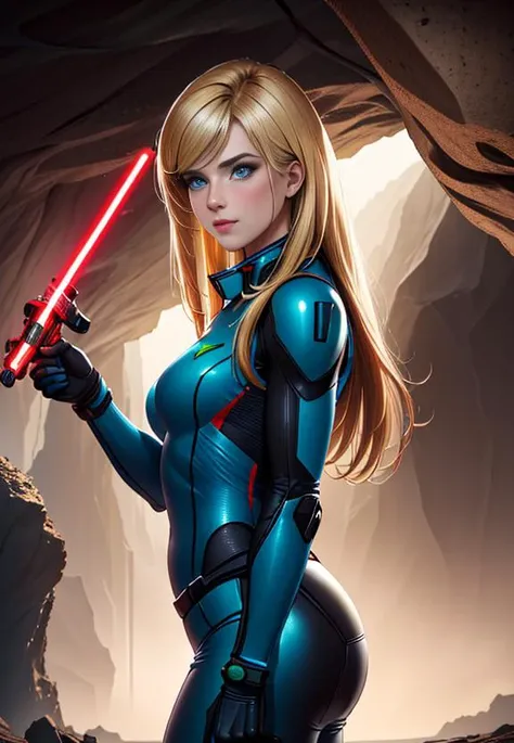 sexy blond Samus Aran from Metroid wearing blue suit with high platforms standing on a floor of a cave near ((grey humanoid monster)) hiding behind a rock and looking at her,
interior of alien cave in Hans Ruedi Giger style,
beautiful face,perfect face,
single girl,nova<lora:Nova-000003:0.6>,red Astronaut helmet,[(holding Laser Gun,lightsaber on another hand)],upper body, 
copeseethemald style,glossy,thepit bimbo,
realistic, professional, limited palette,high contrast,amazing detail,dynamic lights,
hyperrealism, masterpiece, best quality, HDR, viewpoint, highest quality, sharp focus, digital art render, 8k