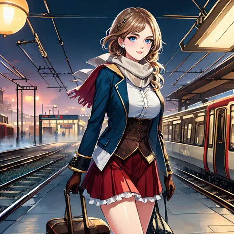 tcg artwork,[trading card game art], realism, perfect rendered face,((best quality)), ((masterpiece)), ((realistic)), (detailed),[hermione granger:minerva mcgonagall:0.5] rim light, vivid, 1girl, in a victorian dress , (((shiny eyes, shiny skin))),detailed face, travelbags, scarf, toned legs, large breasts, elbowlength gloves, train station in background, fog, steam , (detailed) ,((best quality)), ((masterpiece)), ((realistic)), (detailed),pixiv contest winner, absurdres, 15 mm, 15mm, <lora:Nova-000003:0.6>,