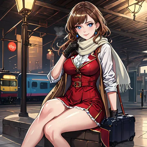 tcg artwork,[trading card game art], realism, perfect rendered face,((best quality)), ((masterpiece)), ((realistic)), (detailed),[hermione granger:minerva mcgonagall:0.5] rim light, vivid, 1girl, in a victorian dress , (((shiny eyes, shiny skin))),detailed face, travelbags, scarf, toned legs, large breasts, elbowlength gloves, train station in background, fog, steam , (detailed) ,((best quality)), ((masterpiece)), ((realistic)), (detailed),pixiv contest winner, absurdres, 15 mm, 15mm, <lora:Nova-000003:0.6>,