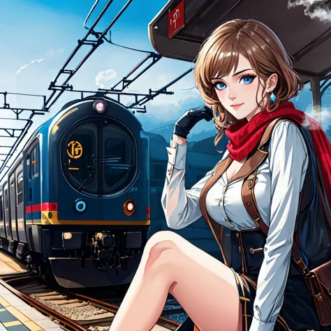 tcg artwork,[trading card game art], realism, perfect rendered face,((best quality)), ((masterpiece)), ((realistic)), (detailed),[hermione granger:minerva mcgonagall:0.5] rim light, vivid, 1girl, in a victorian dress , (((shiny eyes, shiny skin))),detailed face, travelbags, scarf, toned legs, large breasts, elbowlength gloves, train station in background, fog, steam , (detailed) ,((best quality)), ((masterpiece)), ((realistic)), (detailed),pixiv contest winner, absurdres, 15 mm, 15mm, <lora:Nova-000003:0.6>,