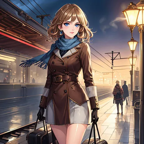 tcg artwork,[trading card game art], realism, perfect rendered face,((best quality)), ((masterpiece)), ((realistic)), (detailed),[hermione granger:minerva mcgonagall:0.5] rim light, vivid, 1girl, in a victorian dress , (((shiny eyes, shiny skin))),detailed face, travelbags, scarf, toned legs, large breasts, elbowlength gloves, train station in background, fog, steam , (detailed) ,((best quality)), ((masterpiece)), ((realistic)), (detailed),pixiv contest winner, absurdres, 15 mm, 15mm, <lora:Nova-000003:0.6>,