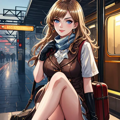 tcg artwork,[trading card game art], realism, perfect rendered face,((best quality)), ((masterpiece)), ((realistic)), (detailed),[hermione granger:minerva mcgonagall:0.5] rim light, vivid, 1girl, in a victorian dress , (((shiny eyes, shiny skin))),detailed face, travelbags, scarf, toned legs, large breasts, elbowlength gloves, train station in background, fog, steam , (detailed) ,((best quality)), ((masterpiece)), ((realistic)), (detailed),pixiv contest winner, absurdres, 15 mm, 15mm, <lora:Nova-000003:0.6>,