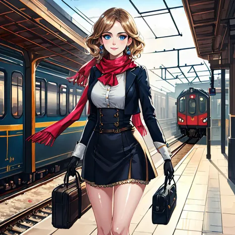 tcg artwork,[trading card game art], realism, perfect rendered face,((best quality)), ((masterpiece)), ((realistic)), (detailed),[hermione granger:minerva mcgonagall:0.5] rim light, vivid, 1girl, in a victorian dress , (((shiny eyes, shiny skin))),detailed face, travelbags, scarf, toned legs, large breasts, elbowlength gloves, train station in background, fog, steam , (detailed) ,((best quality)), ((masterpiece)), ((realistic)), (detailed),pixiv contest winner, absurdres, 15 mm, 15mm, <lora:Nova-000003:0.6>,