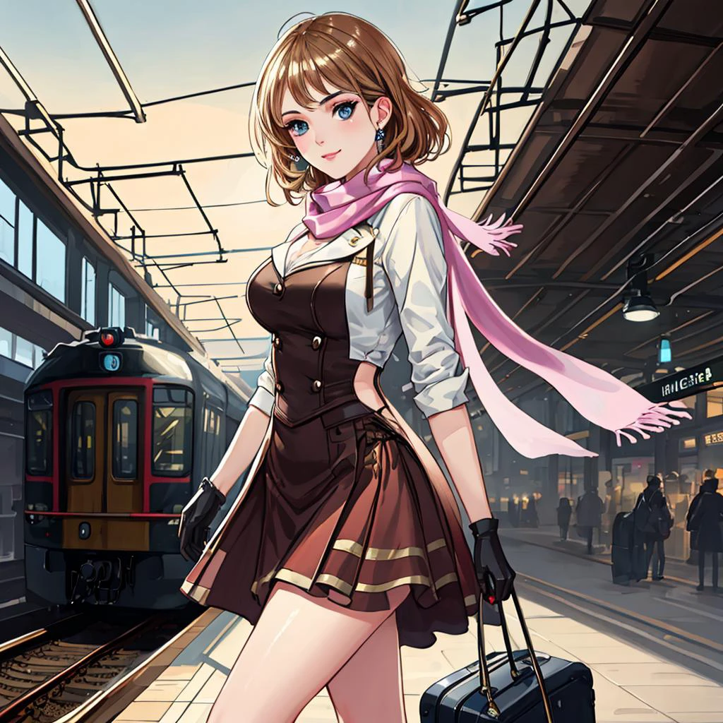tcg artwork,[trading card game art], realism, perfect rendered face,((best quality)), ((masterpiece)), ((realistic)), (detailed),[hermione granger:minerva mcgonagall:0.5] rim light, vivid, 1girl, in a victorian dress , (((shiny eyes, shiny skin))),detailed face, travelbags, scarf, toned legs, large breasts, elbowlength gloves, train station in background, fog, steam , (detailed) ,((best quality)), ((masterpiece)), ((realistic)), (detailed),pixiv contest winner, absurdres, 15 mm, 15mm, <lora:Nova-000003:0.6>,