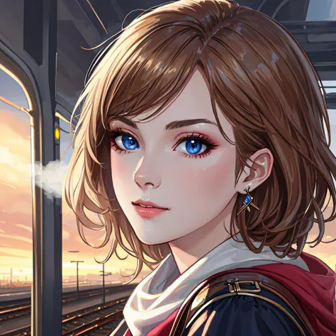 tcg artwork,[trading card game art], realism, perfect rendered face,((best quality)), ((masterpiece)), ((realistic)), (detailed),[hermione granger:minerva mcgonagall:0.5] rim light, vivid, 1girl, in a victorian dress , (((shiny eyes, shiny skin))),detailed face, travelbags, scarf, toned legs, large breasts, elbowlength gloves, train station in background, fog, steam , (detailed) ,((best quality)), ((masterpiece)), ((realistic)), (detailed),pixiv contest winner, absurdres, 15 mm, 15mm, <lora:Nova-000003:0.6>,