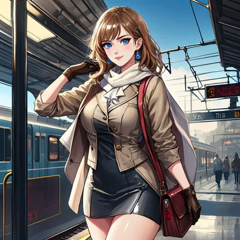 tcg artwork,[trading card game art], realism, perfect rendered face,((best quality)), ((masterpiece)), ((realistic)), (detailed),[hermione granger:minerva mcgonagall:0.5] rim light, vivid, 1girl, in a victorian dress , (((shiny eyes, shiny skin))),detailed face, travelbags, scarf, toned legs, large breasts, elbowlength gloves, train station in background, fog, steam , (detailed) ,((best quality)), ((masterpiece)), ((realistic)), (detailed),pixiv contest winner, absurdres, 15 mm, 15mm, <lora:Nova-000003:0.6>,