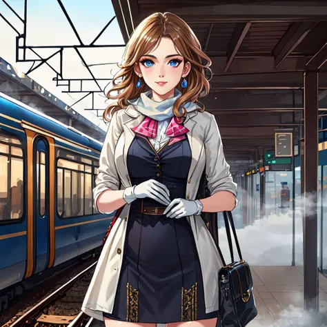 tcg artwork,[trading card game art], realism, perfect rendered face,((best quality)), ((masterpiece)), ((realistic)), (detailed),[hermione granger:minerva mcgonagall:0.5] rim light, vivid, 1girl, in a victorian dress , (((shiny eyes, shiny skin))),detailed face, travelbags, scarf, toned legs, large breasts, elbowlength gloves, train station in background, fog, steam , (detailed) ,((best quality)), ((masterpiece)), ((realistic)), (detailed),pixiv contest winner, absurdres, 15 mm, 15mm, <lora:Nova-000003:0.6>,