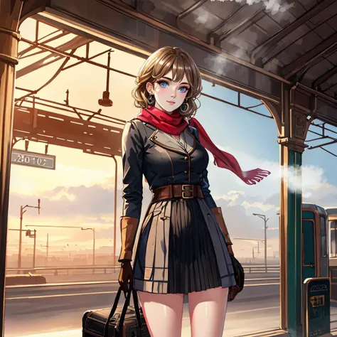 tcg artwork,[trading card game art], realism, perfect rendered face,((best quality)), ((masterpiece)), ((realistic)), (detailed),[hermione granger:minerva mcgonagall:0.5] rim light, vivid, 1girl, in a victorian dress , (((shiny eyes, shiny skin))),detailed face, travelbags, scarf, toned legs, large breasts, elbowlength gloves, train station in background, fog, steam , (detailed) ,((best quality)), ((masterpiece)), ((realistic)), (detailed),pixiv contest winner, absurdres, 15 mm, 15mm, <lora:Nova-000003:0.6>,