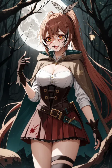 best quality, intricate details, scary expression, crazy, maniacal, blood on face, blood splatter,
1girl, <lora:nanashiMumeiLora_v1:0.8> nanashi mumei, shirt, corset, cleavage cutout, red skirt, single thighhigh, cloak, ribbon, ponytail, very long hair, hairclip, feathers, knife, belt, partially fingerless gloves, yellow eyes, brown eyes,
dark forest, night time, branches, moonlight, shadows, blood, scary, horror, fireflies,
<lora:gesugao_v10:0.8> gesugao, gesugao facial expression, sadistic smile,