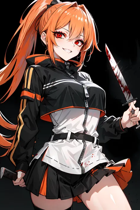 orange hair, red eyes, eyeliner,eyeshadow, ponytail, zipper,microskirt,kitchen knife, dark background, blood on face, 
<lora:GesuGao:0.8> gesugao, gesugao facial expression, sadistic smile