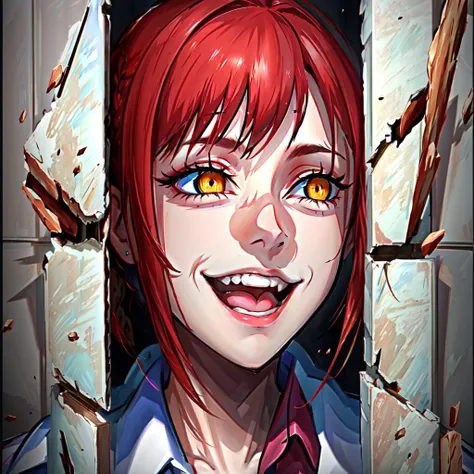 Highly detailed, High Quality, Masterpiece, beautiful, Johnny, <lora:HereIsJohnny:1>, broken wall, face only, gesugao, gesugao facial expression, sadistic smile, <lora:Expression_Gesugao:0.8>, makima \(chainsaw man\), <lora:Char_ChainsawMan_Makima:1>