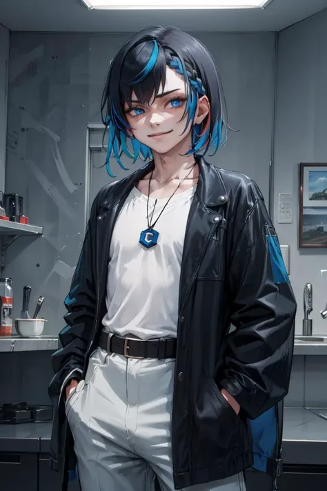 HDR,UHD,8K,best quality,masterpiece,(1boy:1.4),<lora:GoodHands-beta2:1>,<lora:gijinkaseries_civitai-18:0.7>,civitai-chan,braided bangs,necklace,(((very short hair))),cowboy shot,
Add multicolored hair,black hair,blue hair and blue eyes,muscular,<lora:edgGesugao:0.8>,edgGesugao,edgGesugao facial expression,evil smile,