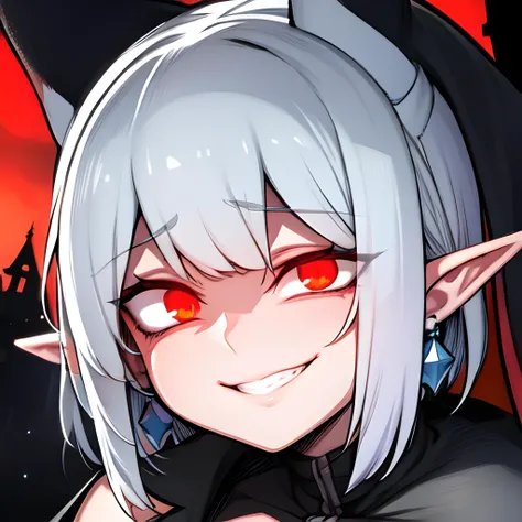 gesugao, gesugao facial expression, sadistic smile,
aged down, white hair, short hair, messy hair, earrings, red eyes, head tilt, pointy ears, black gloves, cape,
castle background, dark sky, star \(sky\),