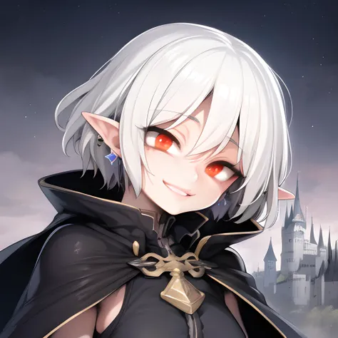 gesugao, gesugao facial expression, sadistic smile,
aged down, white hair, short hair, messy hair, earrings, red eyes, head tilt, pointy ears, black gloves, cape,
castle background, dark sky,