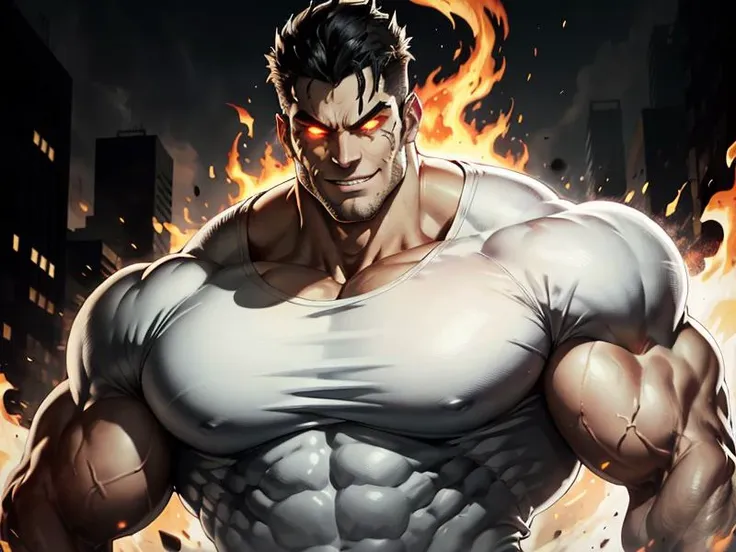 Muscular,white shirt,big guy,powerful,action,black hair, <lora:GesuGao:0.5> , <lora:thickline_fp16:0.25> ,glowing eyes ,walking,fire ,<lora:rageMode_v1:0.25> , <lora:sakimichan-v1.6-lora-naivae-newcraft:0.1> ,portrait,evil smile