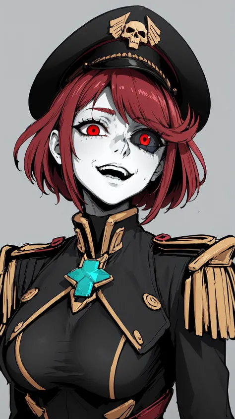 High Quality, Masterpiece, 1girl, solo, edgCommissar, epaulettes, wearing edgCommissar, ((artificial eye)), skull emblem, millitary uniform, hat, <lora:Outfit_Warhammer40KCommissar:0.8>, upper body, Pyra \(xenoblade\), Pyra:1.2, red hair, red eyes, short hair, <lora:Char_Xenoblade_PyraMythraPneuma:0.5>, edgGesugao, edgGesugao facial expression, sadistic smile, evil smile, <lora:Expression_Gesugao:1>