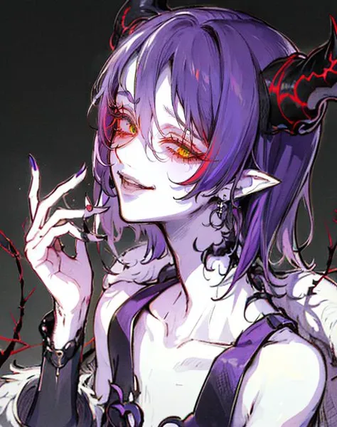 1boy, a man, green eyes, smile, (purple hair:1.2), short fluffy hair, lustful, horns, black horns, despair, haunting, collarbone,  thorns,hair between eyes, yoshitaka amano character design, style by NTY, morbid, solo <lora:PsychoMode:0.7>, (gesugao), gesugao facial expression, sadistic smile,  <lora:GesuGao:1>