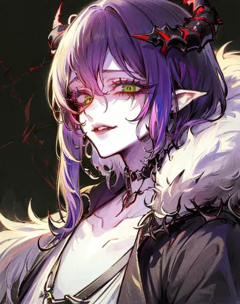 1boy, a man, (green eyes), (purple hair:1.2), short fluffy hair, lustful, horns, black horns, despair, haunting, collarbone, thorns,hair between eyes, yoshitaka amano character design, style by NTY, morbid, solo <lora:PsychoMode:0.7>, (gesugao), gesugao facial expression, sadistic smile, <lora:GesuGao:0.85>