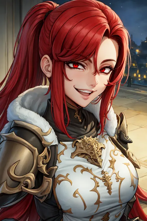 (masterpiece:1.2), (best quality:1.2), perfect eyes, perfect face, perfect lighting, close-up portrait, face, 1girl, mature female, medium red hair, pompadour cut, red eyes, drk_glam, armor, cloak, gesugao, gesugao facial expression, sadistic smile, exaggerated expression, detailed indoor background, night, dark, darkness <lora:gesugao_v10:0.6> <lora:darkKnightFashion_v10:1>