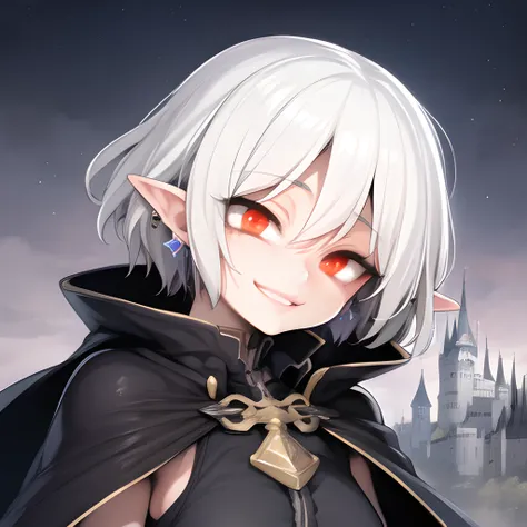 gesugao, gesugao facial expression, sadistic smile,
aged down, white hair, short hair, messy hair, earrings, red eyes, head tilt, pointy ears, black gloves, cape,
castle background, dark sky,