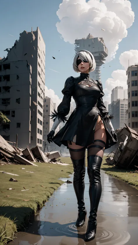 yorha no. 2 type b,1girl,absurdres,black blindfold,black dress,black hairband,blindfold,blue sky,boots,building,city,cloud,covered eyes,debris,dress,feather-trimmed sleeves,feather trim,from below,gloves,grass,hairband,high heel boots,high heels,highres,juliet sleeves,katana,leather,leather boots,long sleeves,nier \(series\),nier automata,outdoors,overgrown,pod \(nier automata\),post-apocalypse,puddle,puffy sleeves,rubble,ruins,scenery,sky,thigh boots,thighhighs,thighhighs under boots,water,
<lora:yorha_noDOT_2_type_b:0.5>,