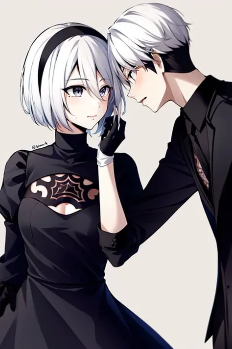 yorha no. 2 type b, 1girl, yorha no. 9 type s, 1boy, black dress, black gloves, black hairband, black jacket, bob cut, dress, gloves, grey background, grey eyes, hair between eyes, hairband, hand in another's hair, jacket, juliet sleeves, long sleeves, looking at another, mole, mole under mouth, nier \(series\), nier automata, puffy sleeves, short hair, twitter username, upper body, white hair
<lora:yorha_noDOT_2_type_b:0.5>