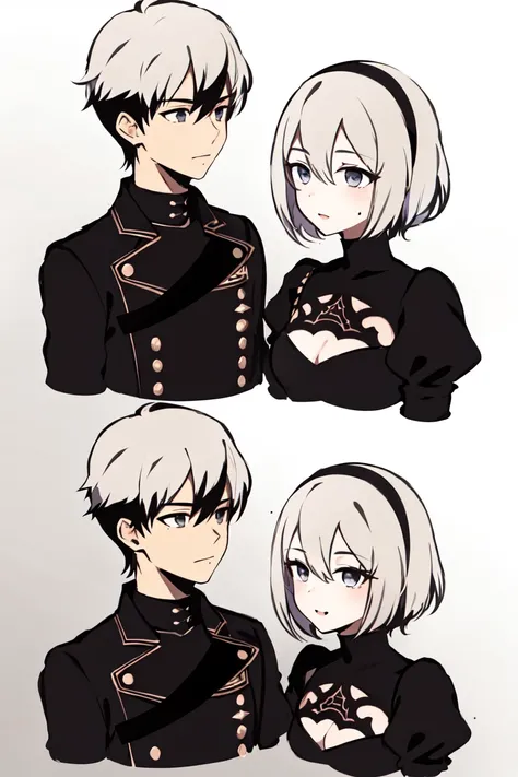yorha no. 2 type b, 1girl,  yorha no. 9 type s, 1boy, black dress, black gloves, black hairband, black jacket, bob cut, dress, gloves, grey background, grey eyes, hair between eyes, hairband, hand in another's hair, jacket, juliet sleeves, long sleeves, looking at another, mole, mole under mouth, nier \(series\), nier automata, puffy sleeves, short hair, twitter username, upper body, white hair

<lora:yorha_noDOT_2_type_b:0.5>