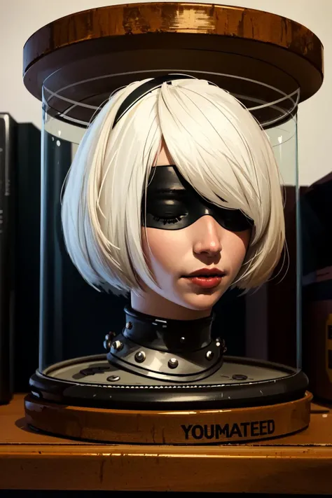 Highly detailed, High Quality, Masterpiece, beautiful, Head in Jar, <lora:HeadinJar:0.9>, 1girl, jar, head only, yorha no. 2 type b, nier \(series\), nier automata, lack blindfold, black hairband, blindfold, covered eyes, <lora:Char_Nier_2B:0.5>