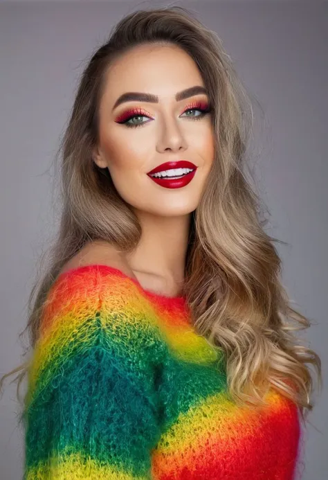 Full body photograph of a beautiful woman, fuzzy mohair sweater, Long hair rainbow colored. Rainbow color clothes. Smoked eye make up. Bold eye liner. Green eyes and red lips. Smiling and showing white teeths. Big boobs