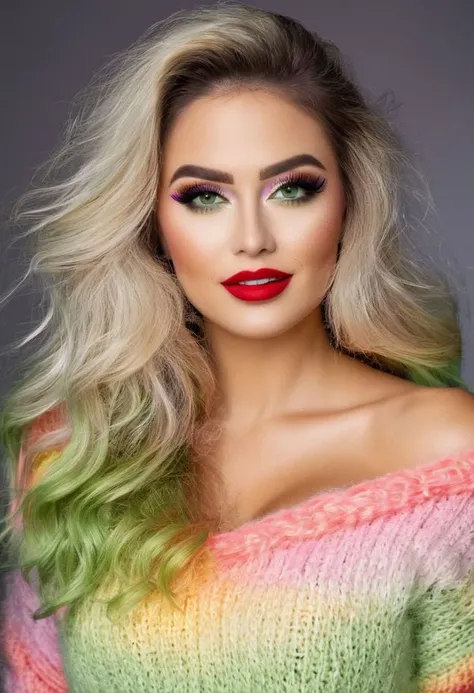 Full body photograph of a beautiful woman, fuzzy mohair sweater, Long hair rainbow colored. Rainbow color clothes. Smoked eye make up. Bold eye liner. Green eyes and red lips. Smiling and showing white teeths. Big boobs