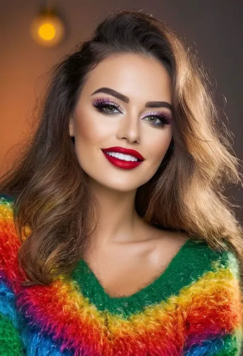 Full body photograph of a beautiful woman, fuzzy mohair sweater, Long hair rainbow colored. Rainbow color clothes. Smoked eye make up. Bold eye liner. Green eyes and red lips. Smiling and showing white teeths. Big boobs