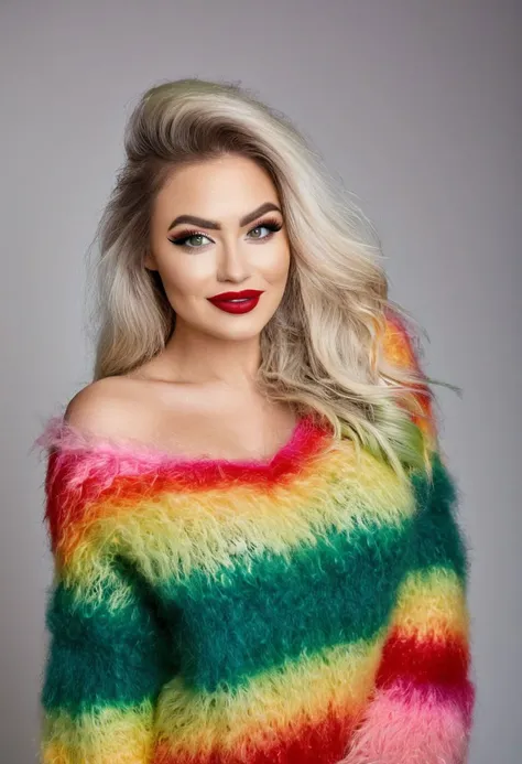 Full body photograph of a beautiful woman, fuzzy and fluffy buffoon mohair sweater.  Rainbow colored long hair. Rainbow color clothes. Smoked eye make up. Bold eye liner. Green eyes and red lips. Smiling and showing white teeths. Big boobs