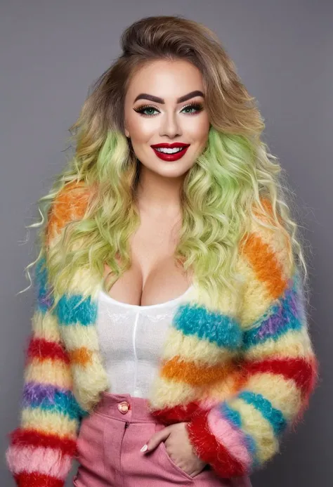 Full body photograph of a beautiful woman, fuzzy and fluffy buffoon mohair sweater. Rainbow colored long hair. Rainbow color clothes. Smoked eye make up. Bold eye liner. Green eyes and red lips. Smiling and showing white teeths. Big boobs