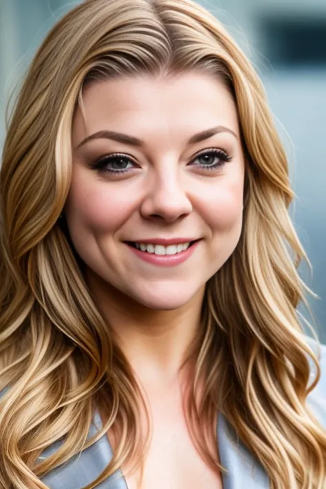 RAW close up photo, a portrait photo of (natalie dormer) woman wearing (suit:1.2), (high detailed skin:1.2), smile, looking at camera, 8k uhd, dslr, soft lighting, high quality, <lora:Natal1e:0.5>