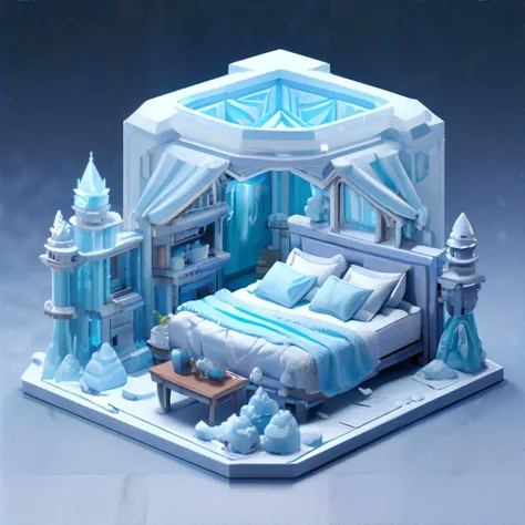 <lora:isometricview:0.7>, isometric view of Ice Queen's Bedchamber with Frozen Bed and Icy Drapes, miniature || masterpiece, 8k, high resolution, shallow depth of field, sharp focus, incredible detail