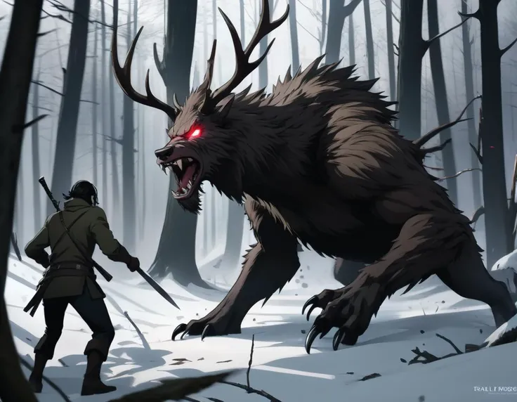 (Anime sharp lines, crisp lineart), Horror masterpiece, best quality, (action shot, movement blur), combat, (focus on terrifying large wendigo roaring, sharp bladed like claws, large size difference), fantasy, people fighting it, dark winter night, forest deep dark woods, massive ancient trees, battle, scenery, mountain, outdoors, multiple people, injured people on the ground, (blood splatter flying through the air), trail of carnage, (indirect) moonlight,