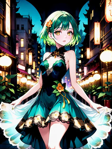 ultra-detailed, gorgeous, short jade-dyed hair, golden eyes, fantasy style dress, blushing, confident expression and pose, city backdrop, high stylization, depth of field, bokeh effect, backlit, stylish, elegant, breathtaking visual richness, full body shot, masterpiece, Art Nouveau influences, Yoshitaka Amano-inspired ethereal beauty, Alphonse Mucha-style intricate floral patterns, cyberpunk neon cityscape, delicate lace and silk textures, whimsical yet dark atmosphere, surreal Tim Burton-esque architecture, glowing accents, otherworldly aura, provoking yet mysterious demeanor