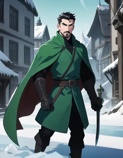 (Anime sharp lines, crisp lineart), Action scene, dynamic pose, firm stance, combat stance,
Focus on (Thief, Duke, Tall, Thin, Triangular Face, Fair Skin, Black Hair, green Eyes, Short Nose, Pouty Lips, Prominent Chin, Circle Beard, Buzz Cut, Slicked Back, A frozen tundra, with icy peaks and frozen lakes stretching as far as the eye can see) fighting (Displacer Beast),
In a grand library filled with magical books and scrolls, guarded by animated statues,