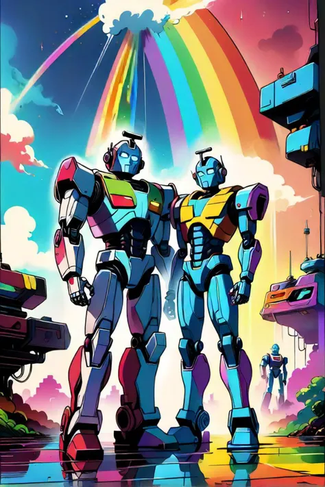 cartoon of two robots standing in front of a rainbow, retro artwork, 80 s art, lgbt art, colourful  art, robots, beeple and comic book style, xa xRx, 80 s print sci fi art, wholesome digital art, 70s retro scifi art, colorful retrofutur, 1980 s retro sci fi art